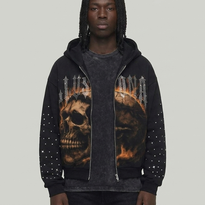 DARK ILLUSION SKULL ZIPUP HOODIE BLACK