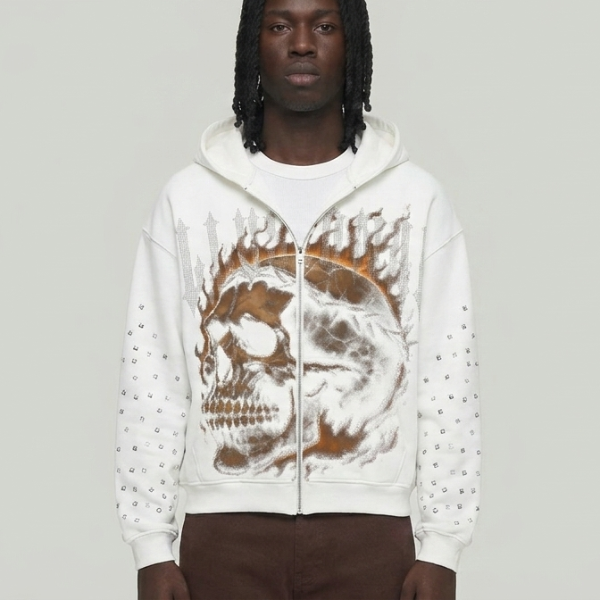 DARK ILLUSION SKULL ZIPUP HOODIE WHITE